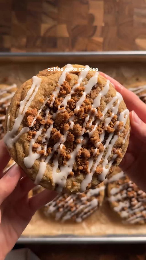 coffee cake cookies
cookie dough:
1 cup (226g) unsalted butter, soft
2 1/2 cups (310g) ap flour
1/2 tsp (3g) salt
1 tsp (6g) baking soda
3/4 cup packed (150g) light brown sugar
1/4 cup (50g) white sugar
1 whole egg + 1 yolk
2 tsp (8g) vanilla
1 tsp (3g) cinnamon
*cream together the butter and sugars until smooth. then add in the eggs and vanilla. in another bowl, whisk together the flour, salt, baking soda, and cinnamon. fold the dry into the wet and mix until its just combined. dollop on the cinnamon paste and carefully fold into the dough. do not overmix since you want a nice marbled look. scoop and then set in the fridge an hour. note: if the dough feels too wet to scoop, you can scoop it after its set in the fridge. gently press down the dough balls on the tray and then generously sprinkle on the streusel. bake at 350 for 11-13 min depending on the size. let them cool fully before drizzling on the vanilla glaze!

cinnamon swirl paste:
2 tbsp (30g) dark brown sugar
1 tbsp (8g) cinnamon
1 tbsp (15g) unsalted butter, melt
1 tsp (5g) ap flour
*mix all together so its forms a paste

streusel topping:
1/2 cup (60g) ap flour
1/4 cup (50g) brown sugar
1 tsp (4g) cinnamon
pinch of salt
4 tbsp (55g) unsalted butter, cold
*mix the flour, brown sugar, cinnamon, and salt. then using a fork or with your fingers, mix in the cold butter pieces. set aside.

vanilla glaze:
1/2 cup (60g) powdered sugar
1–2 tbsp water or milk
1/2 tsp vanilla
*mix all together adding more powdered sugar (to thicken) or more liquid (to thin)