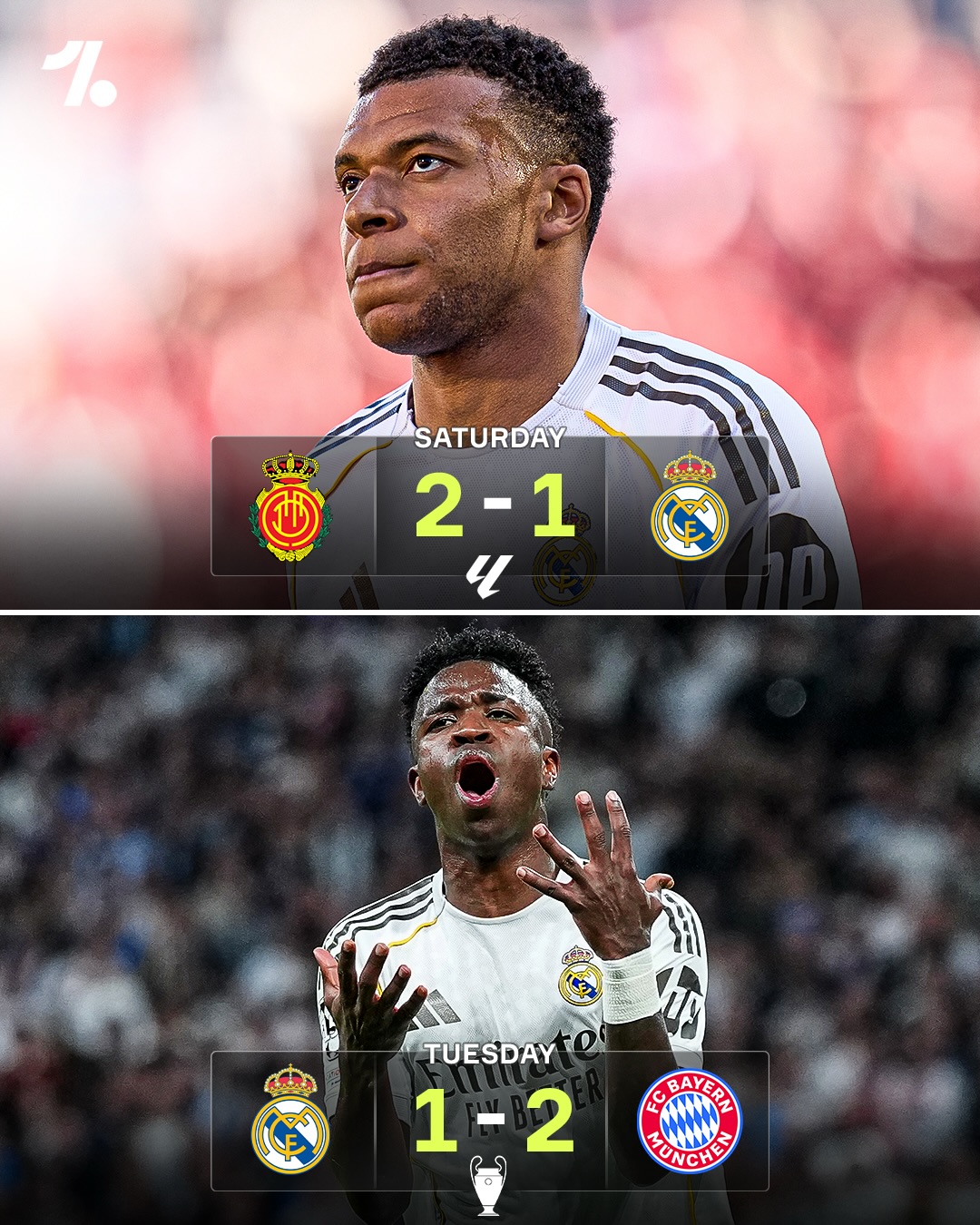 Real Madrid’s LaLiga and Champions League title hopes have taken HUGE hits in the last few days...😳🫣

🔘 Saturday: Beaten by Mallorca as Barcelona go 7pts clear
🔘 Tuesday: Lose their first-leg at home to Bayern