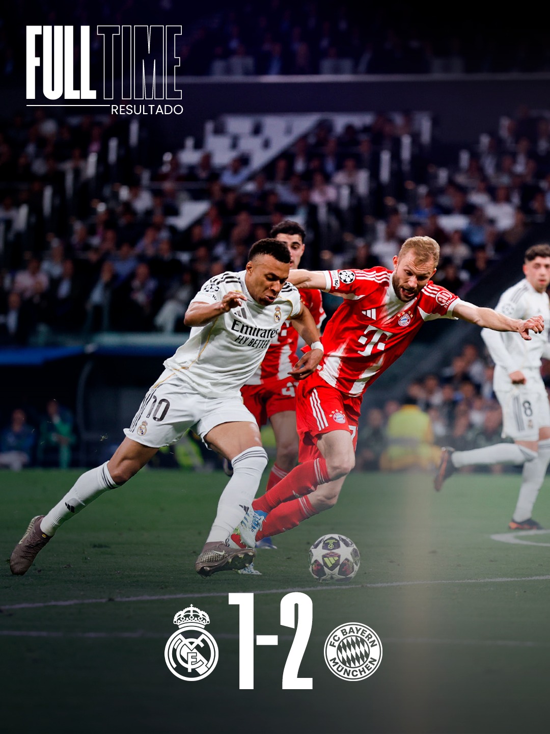 🏁 FT: Real Madrid 1-2 Bayern
⚽ 41' Luis Díaz
⚽ 46' Harry Kane
⚽ 74' @K.Mbappe
#UCL