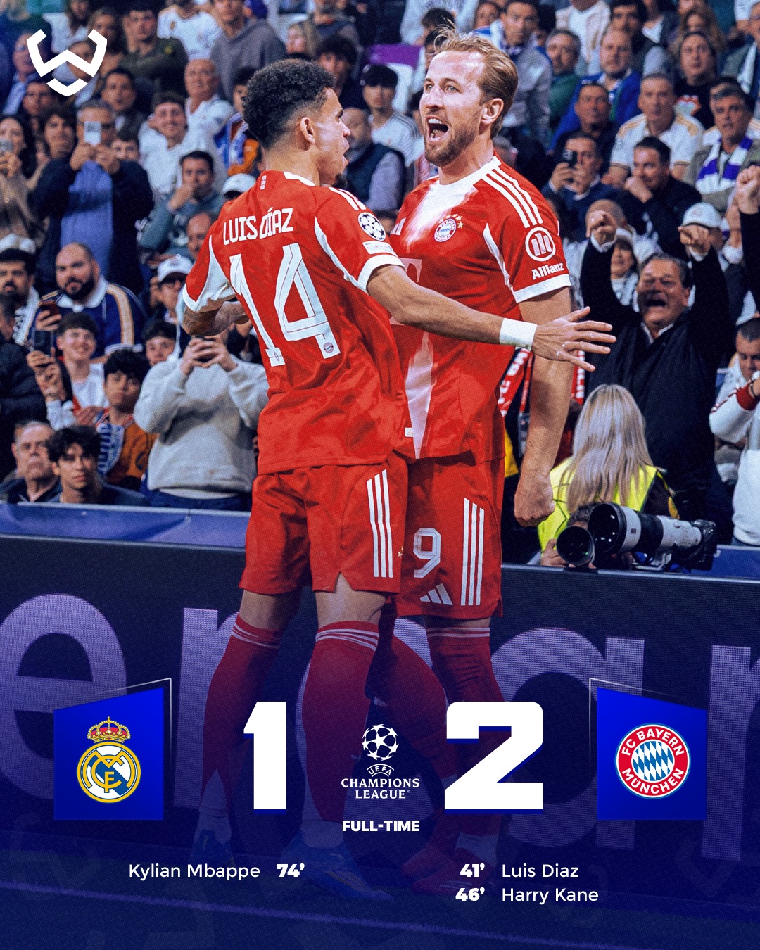 Bayern Munich beat Real Madrid 2-1 at the Bernabéu with goals from Díaz and Kane, while Mbappé got one back for the hosts 👀🔥

All to play for in Munich… who’s reaching the semifinals? 🫣