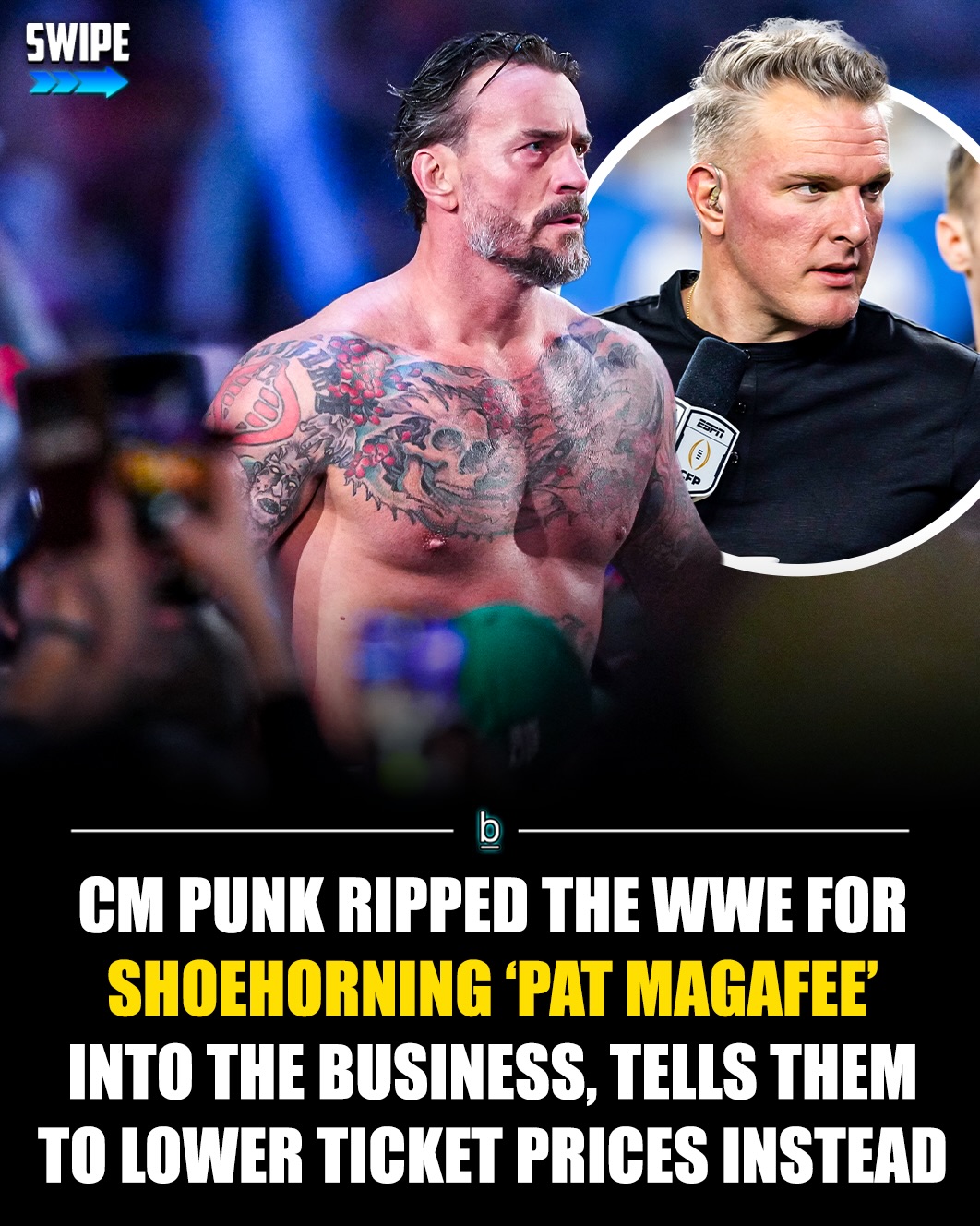 WWE star CM Punk went scorched Earth on RAW on Monday night as he took shots at a litany of WWE personalities. One of his biggest targets was radio host and former NFL punter Pat McAfee. 👊🎙️

Opening this week’s RAW from the Toyota Center in Houston, CM Punk delivered a blistering “pipebomb” promo, taking shots at Roman Reigns, The Rock, TKO CEO Ari Emanuel, and Pat McAfee.

CM Punk took particular aim at McAfee, who has been in the news since he aligned himself with Randy Orton on SmackDown last Friday in a move that landed poorly with fans and has been compared to the disastrous inclusion of Travis Scott into a John Cena storyline a few years back. 😬

Punk called the popular radio host “Pat MAGAFee” and said he is a “buggy-whipped, arm-no-brain hillbilly.”

🗣️ - “You think you can come here to the business, my business of pro wrestling, and run your mouth? You just wrote a check that your narrow a– can’t cash,” Punk said to the roar of the crowd.

“You want to talk about ticket sales? Do me a favor, call up that agent that was foolish enough to shoehorn you into this business and this show and tell him to lower the ticket prices.” 💰

The agent Punk referenced is Ari Emanuel, the CEO of TKO, WWE’s parent company, who became McAfee’s representative in February 2026 and is also reportedly the person who inserted McAfee into the Cody Rhodes and Randy Orton WWE title storyline to the chagrin of fans.

Follow 👉 @brobible for all things “dude” 😎 

#wwe #wrestling #guys #men #dudes