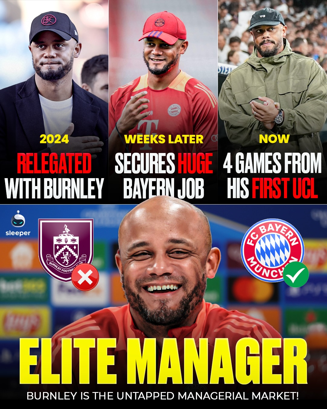 Real Madrid need to call Scott Parker NOW! 🤣👀

Burnley must be the manager factory. Scott Parker stocks are low right now with relegation looming. If Kompany’s career is anything to go by, Parker is Europe’s next elite manager. 😅

Seriously though, Vincent Kompany’s managerial rise from relegation in the Premier League with Burnley to immediately securing the Bayern Munich job…

Then winning the Bundesliga and now being 4 games away from a career first Champions League. Incredible. 👏

Is he now an elite manager? 

#championsleague #premierleague #manchestercity #bayernmunchen