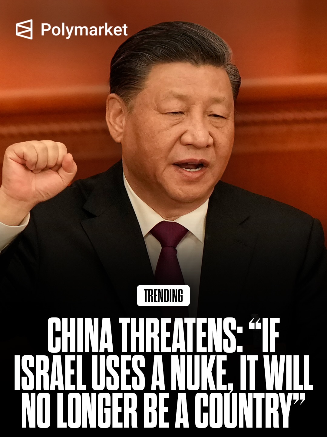 China issued a sharp and unusually blunt warning, saying that if Israel were to use a nuclear weapon, it could trigger consequences so severe that Israel itself might not survive. 

The statement warns the move could spark a wider global conflict involving major powers, ahead of a planned summit between Donald Trump and Xi Jinping.

Traders predict a 69% chance Trump will visit China be the end of May.