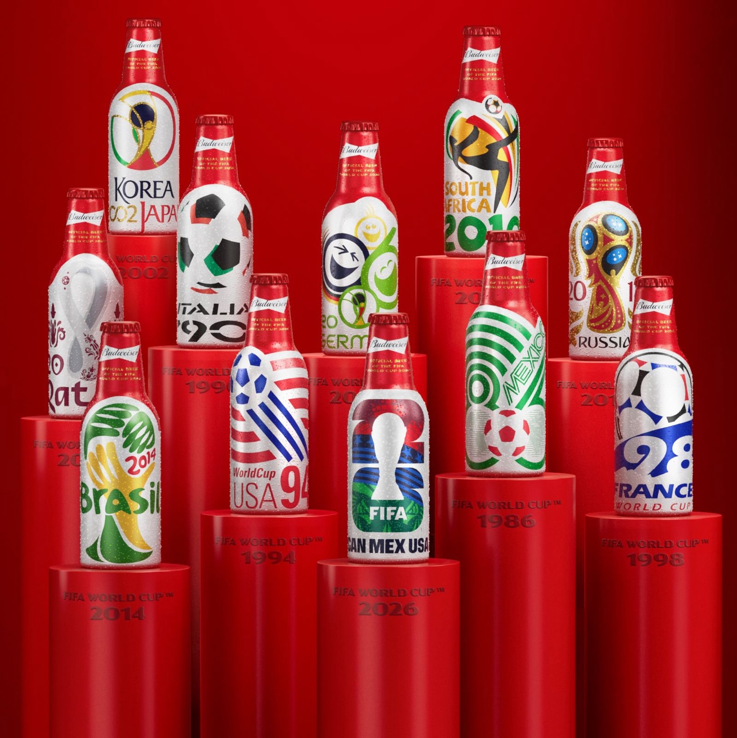Budweiser is celebrating 40 years as the Official Beer Sponsor of the FIFA World Cup™️ with the launch of the largest limited-edition collectible pack ever: the Budweiser®️ FIFA World Cup™️ Anniversary Pack. This curated set of 11 aluminum bottles and cans honors the past 10 World Cups and the upcoming 2026 tournament, drawing from the visual identity and cultural elements of past tournaments to unlock the game’s most memorable moments.

Swipe to see some of the designs up close >>>