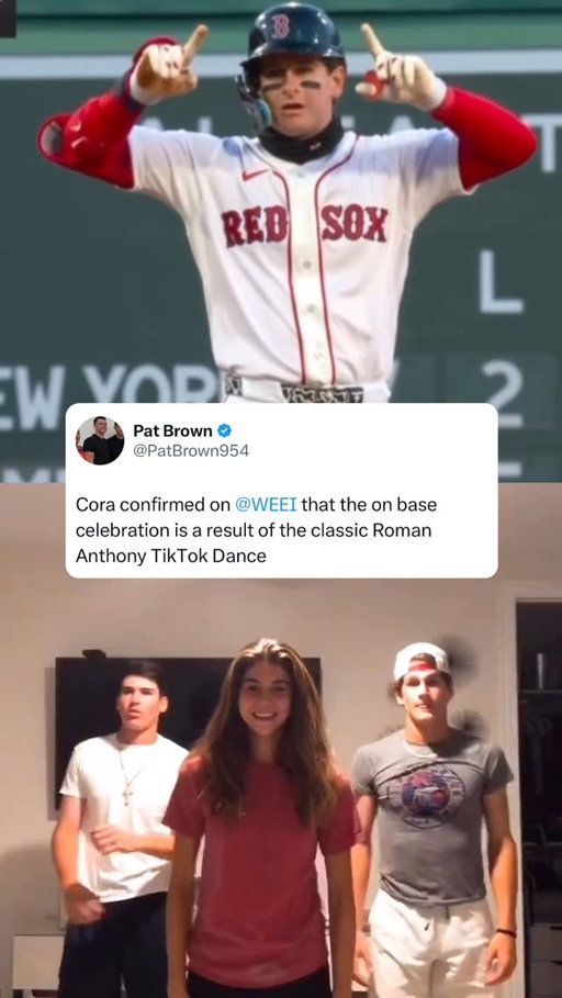 The Red Sox doubles celebration is inspired by a Roman Anthony dance on TikTok from 2019 😭 (via @lexhil, @nesn, PatBrown954/X)