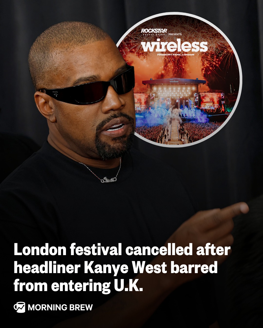 Comeback over already? ⁣
⁣
After making $33 million across two sold-out shows at SoFi Stadium in LA over the weekend, Kanye West's comeback has been put on hold. ⁣
⁣
This morning, the UK government barred West from entering the country in the wake of his history of antisemitic views, ultimately cancelling a July music festival he was set to headline. Last week, the London Wireless Festival announced it had booked West to lead the event over three days, which quickly prompted nearly all major sponsors to abandon ship. ⁣
⁣
Attempting to restore his image after years of racial slurs and praising Adolf Hitler, West's new album debuted at No. 2 on the Billboard 200 last week. ⁣
⁣
Explaining its move to bar West's entry, the UK government argued his appearance wouldn't be conducive to the public good, the Wall Street Journal reported.⁣
⁣
📸 : Getty / Festival Republic
