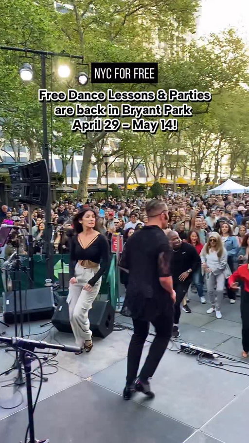 Free Dance Lessons & Party in Bryant Park April 29 – May 14💃🏽 
 
It’s the 12th year of giant free dance parties in @bryantparknyc, created/curated by the amazing @taliacp @salsawithtalia!
 
Join every Wednesday & Thursday from April 29th through May 14th  for free lessons at 6pm, and a dance party with live music and a band from 7-8:30pm.
 
Enjoy different styles of dance & music every day!
 
-Wednesday, April 29: Salsa Clasica 
-Thursday, April 30: Motown, Funk & R&B
-Wednesday, May 6: Brazillian samba, bossa nova, and forro
-Thursday, May 7: Swing dance and rock ‘n’ roll
-Wednesday, May 13: Bachata tradicional and contemporanea 
-Thursday, May 14: Cuban Salsa Festival
 
Tag someone who loves to dance & stay tuned for more free events this Spring in Bryant Park!
 
#nycforfree #nyc #bryantpark #nycdance