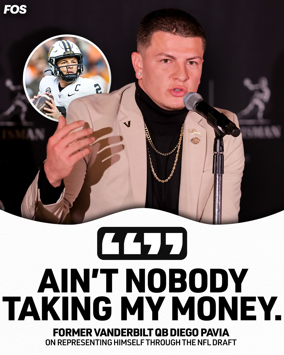 Former Vanderbilt QB and current NFL Draft prospect Diego Pavia doesn’t have an agent representing him through the NFL draft as he doesn’t think it’s fair that someone is “going to represent [him] and take 5-10%” of his earnings.

(🎥 via @barstoolsports)