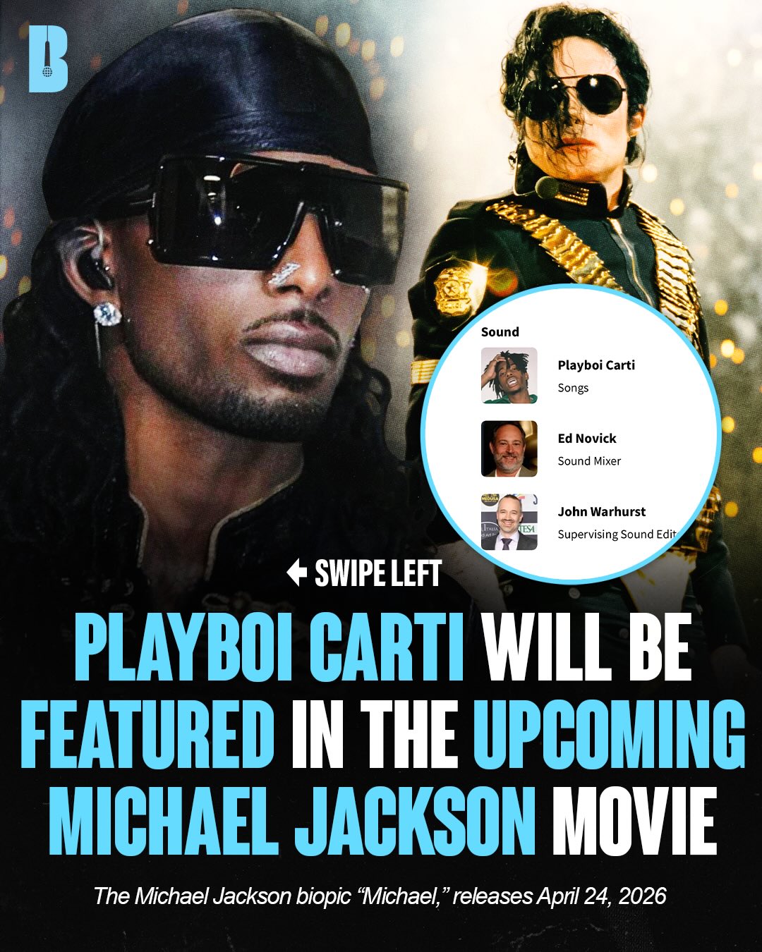 Playboi Carti is credited in the songs section of the upcoming Michael Jackson biopic “Michael” 👀🍿

The Michael Jackson biopic “Michael,” directed by Antoine Fuqua, releases April 24, 2026

Are you going to see it?