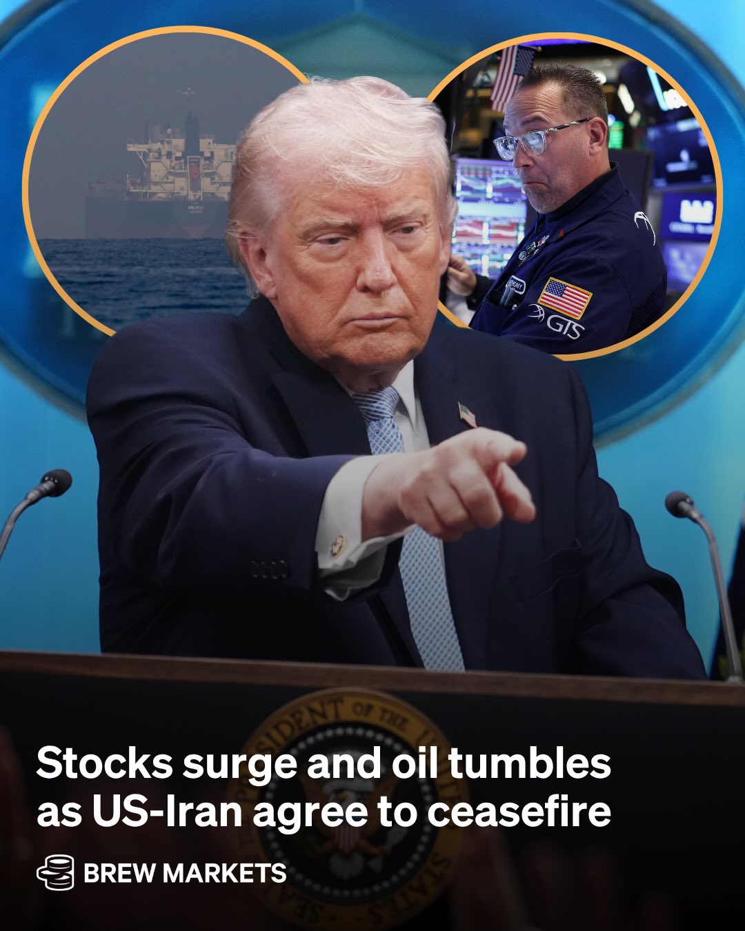 Markets are popping champagne this morning thanks to a tentative ceasefire with Iran.

Last night, President Trump took to Truth Social to announce a suspension of US attacks on Iran for a period of two weeks. As part of the arrangement, Iran agreed to open the crucial Strait of Hormuz for two weeks as long as the ceasefire remains in place. Ships will be allowed to travel through the waterway in coordination with Iran’s Armed Forces. Israel had also reportedly agreed to the terms of the deal.

At the opening bell, the Dow surged more than 1,000 points, oil posted one of its steepest drops in decades, and bond yields slid as fears of a prolonged energy shock eased. Despite the immediate relief, resolution to the oil crunch will still take some time.

Brent prices may have plunged more than 15%, but supply chains remain tricky with tankers only trickling back through the Gulf and airlines warning jet fuel shortages could linger for months. Even as ships begin to move again, the lag between crude extraction, transport, and refining means energy markets probably won’t be snappin’ back overnight.

📸 : Getty