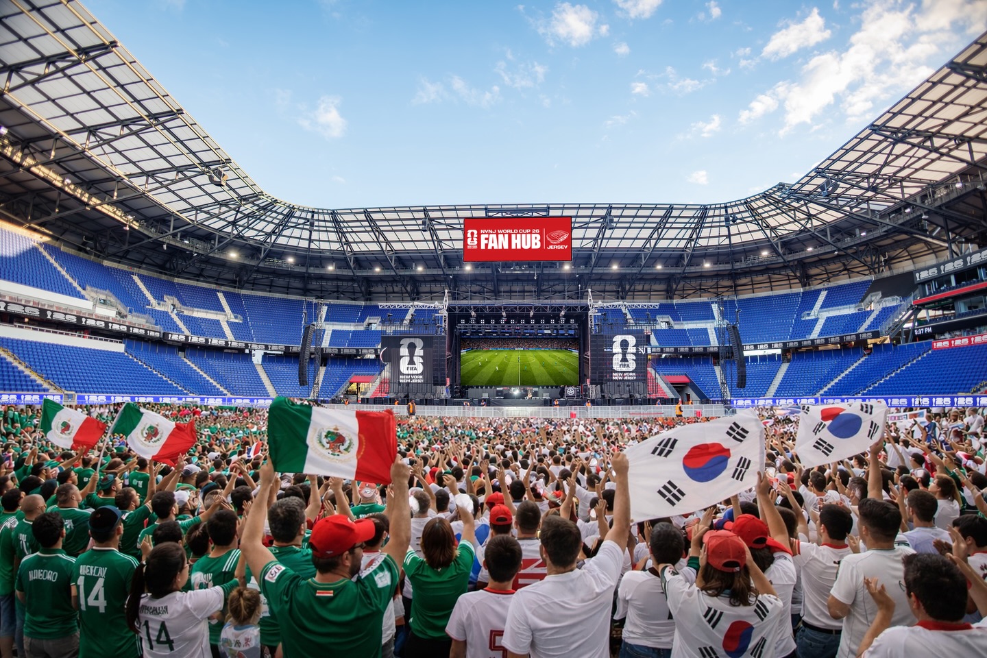 Introducing our newest Jersey Fan Hub! 🎉🏟️

Located at Sports Illustrated Stadium in Harrison, New Jersey, the NYNJ World Cup 26 Jersey Fan Hub will serve as the NYNJ Host Committee’s official New Jersey fan experience, activated throughout the duration of the FIFA World Cup™ tournament on select dates. The site will feature live match viewings, immersive fan experiences, cultural programming, musical performances, and community-driven events designed to welcome residents and fans from around the world.📍

The NYNJ World Cup 26 Jersey Fan Hub will give fans the experience of watching matches on the stadium floor and feature a 60’ screen on the pitch. Hype House, opened in April 2026, will serve as a rallying point for fans with 20 large screen TVs, a 360-degree bar, and a built-in stage for musical performances and appearances. Fans will also be able to explore brand activations from NYNJ Host City Supporters, including Bristol Myers Squibb, Hackensack Meridian Health, Horizon Blue Cross Blue Shield of New Jersey, and PSEG.
 
Stay tuned for programming and ticketing information for the Fan Hub. 🙌
 
#FIFAWorldCup #WeAreNYNJ #WeAre26