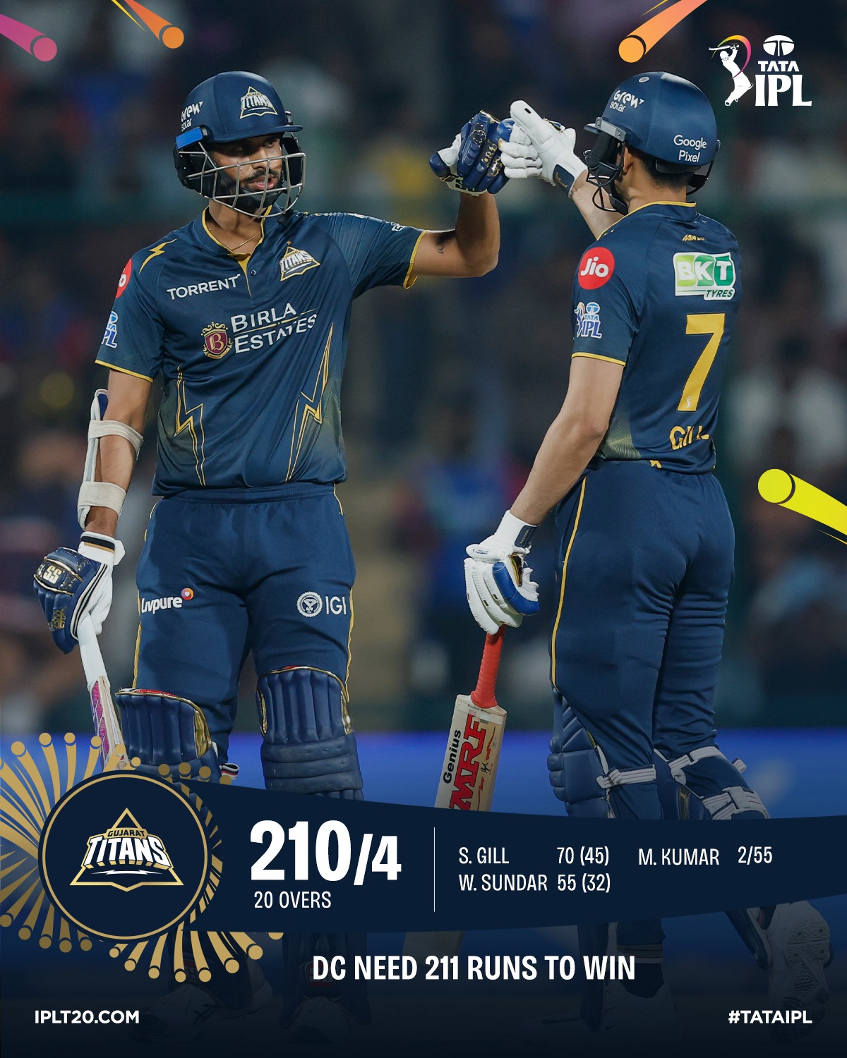 Innings Break! 

3 x 5️⃣0️⃣s lift #GT to a big total of 210/4 👏

Will #DC chase it down for their third straight win? 🤔

#TATAIPL | #KhelBindaas | #DCvGT