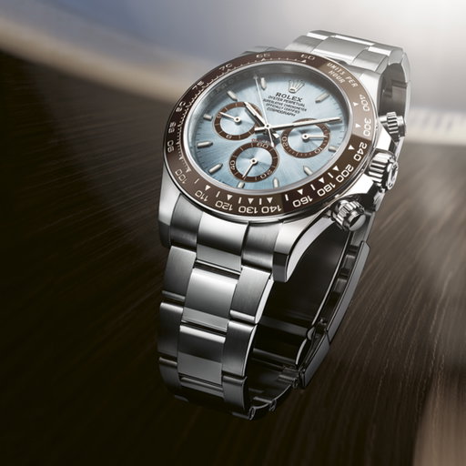 An icon defying time. The @Rolex Oyster Perpetual Cosmograph Daytona is fitted in 950 platinum with an ice-blue dial and an Oyster bracelet. It also features a chestnut brown Cerachrom bezel. #Rolex #CosmographDaytona #OfficialRolexRetailer