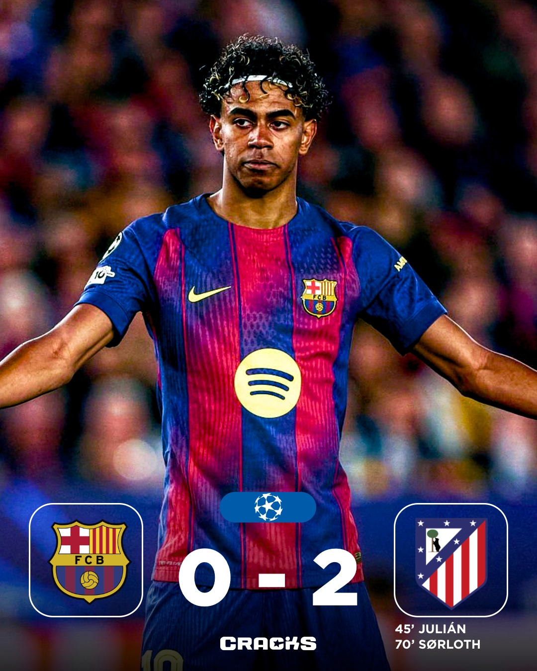 ➟ 𝙁𝙄𝙉𝘼𝙇 | Barcelona 0-2 Atlético de Madrid

¿𝐒𝐎𝐑𝐏𝐑𝐄𝐒𝐀? El Atléti saca victoria del Camp Nou.

Cuartos de Final Ida 🗓 | Champions League 🇪🇺