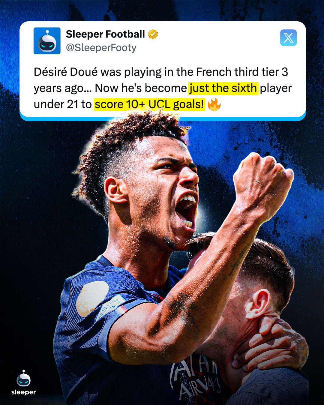 Think Désiré Doué delivering at 20 years old is already impressive? 👀👇

What if we told you he was playing in the French third division just 3 years ago. 🥹🇫🇷

He’s now in the company of Erling Haaland and Kylian Mbappe for 10+ Champions League goals scored under 21 years old. 🤝

In a world of robotic wingers, how refreshing is it to watch this guy play for PSG? 🤩

#ucl #frenchfootball #psg #liverpool