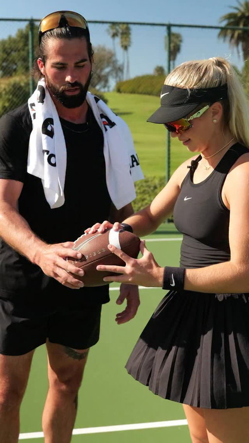 @sam_hartman10 challenged me to a match! (Plus, he teaches me how to throw a football 😅) 

New video is live on my YouTube! Link in bio ▶️