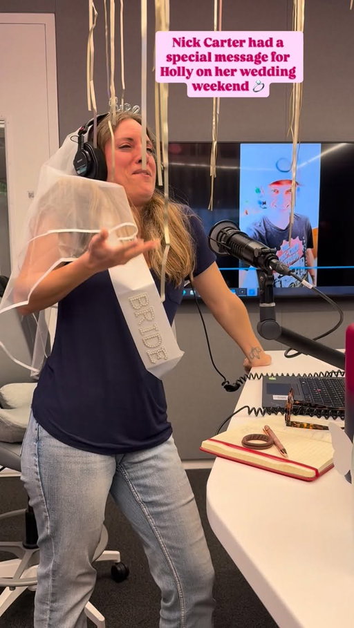 Nick Carter was on Holly’s dorm room walls and now he’s sending her a sweet wedding message 🥹 Happy Bridal Shower Holly!! 💍🤍