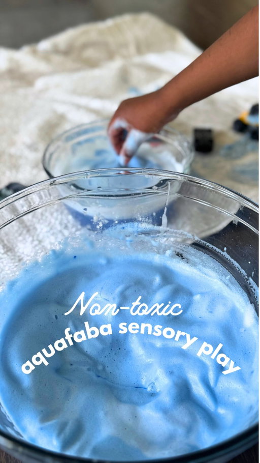 Today’s food scrap is aquafaba, the liquid from your can of chickpeas. I use it to make Aquafaba Whipped Cream, and sure we could eat it, but that’s not what we use it for 😝

Instead we use it for sensory play! My 5-year-old enjoys whipping it up with me. Then I just dump toys inside and he and my toddler have soooo much fun digging swishing their fingers through it, looking for treasures. 

How to Make Aquafaba Sensory Play Foam

Ingredients:
- 3/4 cup aquafaba, chilled (the liquid from canned chickpeas)
- 1 tablespoon arrowroot starch (**alternative**: many people use cream of tartar instead)
- 1/4 teaspoon blue spirulina powder

Instructions:
1. Drain a can of chickpeas over a large bowl and refrigerate the liquid (called “aquafaba”) for at least 30 minutes.
2. Add arrowroot starch (or cream of tartar) and blue spirulina to the bowl of chilled aquafaba. Beat with a hand mixer on high for about 5 or so minutes.
4. Use immediately or refrigerate. Best used the same day before it deflates.

Now sit back and watch your kids enjoy the magic of non-toxic, zero waste sensory play 
\(^_^)/