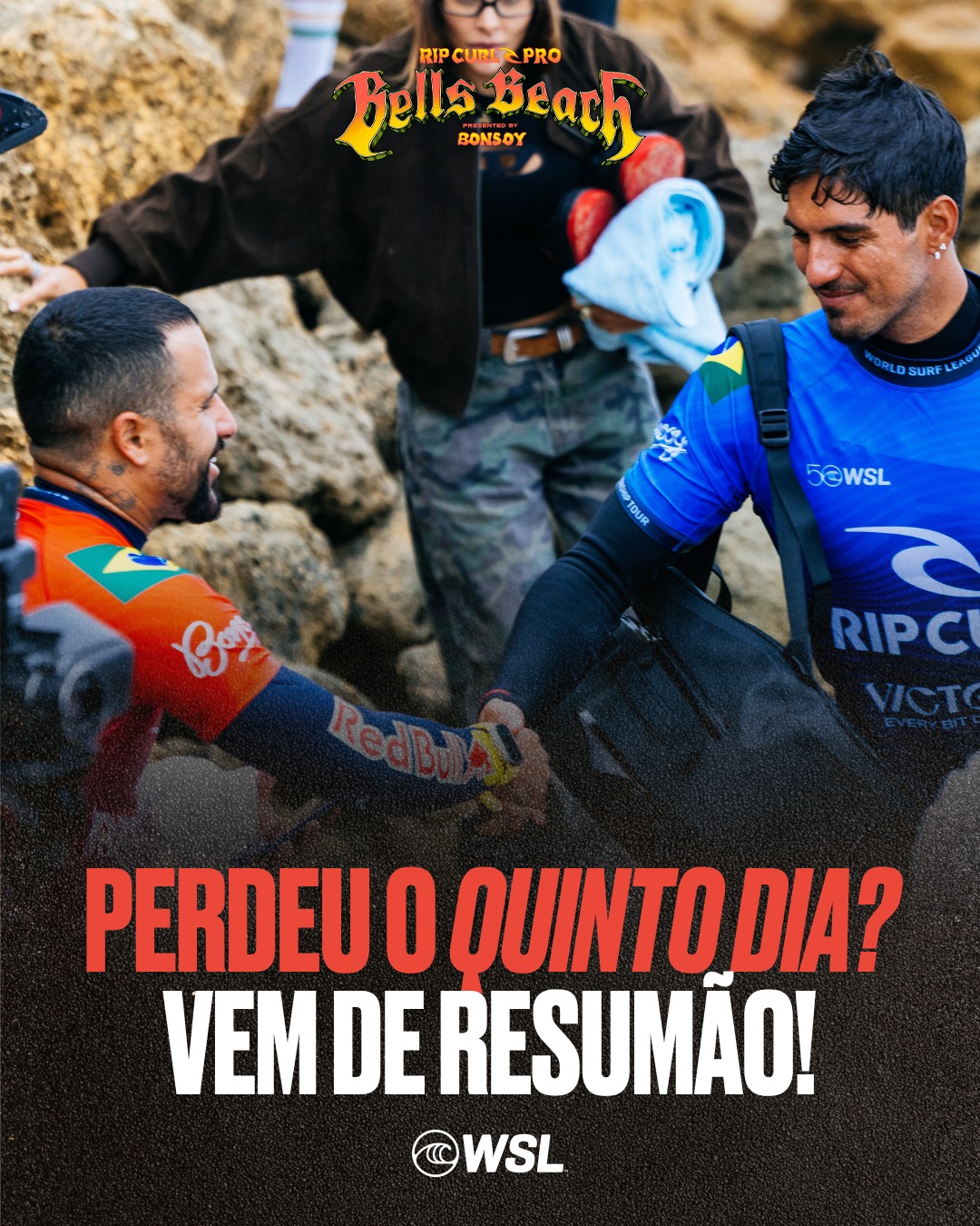 Nos despedimos de gigantes como Filipe Toledo, Italo Ferreira e Alejo Muniz, que lutaram até o fim nas oitavas em Bells Beach. 💔

Mas a chama segue acesa e o show não para! O Brasil chega com força total nas quartas de final com Miguel Pupo, Yago Dora, Gabriel Medina, Samuel Pupo e Luana Silva.

⏰ Próxima chamada hoje, às 18h45 (horário de Brasília)!

🔔 Acompanhe ao vivo, de 31/03 a 10/04, pelo Youtube da WSL, no site worldsurfleague.com ou pelo @sportv.

@originalbonsoy @visitmelbourne #wslbrasil #ripcurlpro #bellsbeach #brazilianstorm