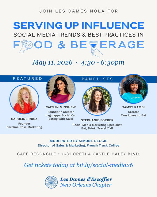 Join us for an engaging and insightful evening exploring how social media continues to shape the food, beverage and hospitality industry in New Orleans. 

Serving Up Influence brings together leading voices in digital marketing and content creation to share real-world strategies, emerging trends and best practices for building meaningful online presence and brand loyalty.

Featured panelists: @carolinerosamarketing, @eatingwithcaitt, @stephforrer, @tamlovestoeat 

🗓️ May 11, 2026 / 4:30-6:30PM
📍 Cafe Reconcile (1631 Oretha Castle Haley Blvd.)
🎟️ NON-MEMBERS: $15 donation for admission
MEMBERS: Check the April newsletter or text for FREE admission code to use at checkout. 
🔗 Ticket link in bio

#thisiswhywedame #damesinaction @lesdamesintl #socialmediatrends #nolasocial