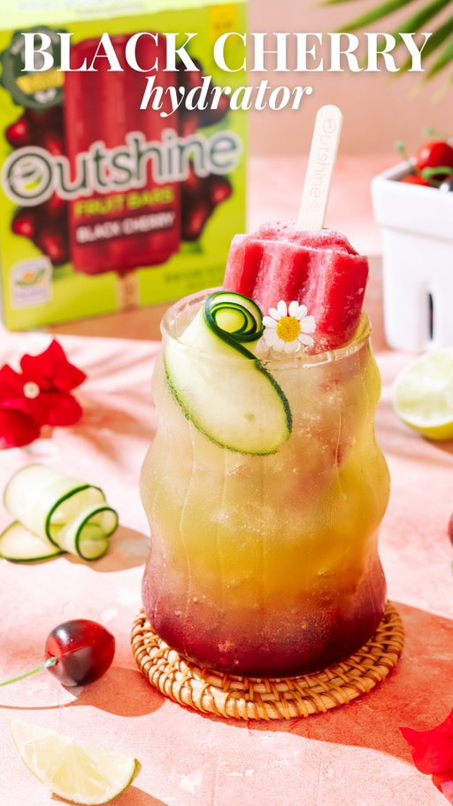 the BLACK CHERRY HYDRATOR is bright, hydrating, and perfectly pairs with the fresh, sweet flavors of @outshinesnacks Black Cherry Fruit Bar #ad 🍒🥒🥥

BLACK CHERRY HYDRATOR (makes 2)
◻️ 1/2 small cucumber, chopped
◻️ 2 limes, juiced
◻️ 1 cup coconut water
◻️ 3/4 oz maple syrup
◻️ Pinch salt (such as Himalayan pink salt)
◻️ Sparkling water
◻️ 3 oz black cherry juice
◻️ 2 Outshine Black Cherry Fruit Bars
◻️ Cucumber ribbon and edible flower, for garnish

1. To a blender, add cucumber, lime juice, coconut water, maple syrup and salt. Blend until smooth.
2. Fill 2 glasses with ice. Add 1 1/2 oz of black cherry juice to each glass, followed by a splash of sparkling water. 
3. Using a fine mesh strainer, divide the cucumber mixture between the glasses.
4. Serve each with an Outshine Black Cherry Fruit Bar. If desired, garnish with a cucumber ribbon and edible flower.

#OutshinePartner