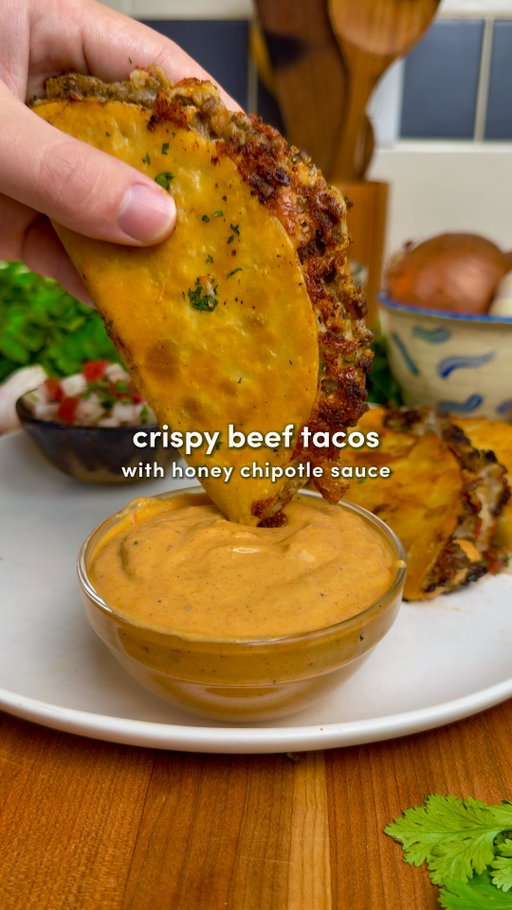 Crispy Beef Tacos with Honey Chipotle Sauce 🌮

Comment “Recipe” and I’ll send you the full recipe card for free!!

For ALL of you asking about the app, it’s called Osta. Link is in my bio or search “Osta” on the App Store or Google Play store ‼️🫶

Minimal effort, maximum flavor… crispy, juicy tacos with melty cheese and the most addictive sauce 🔥

For the Beef:
-1 lb ground beef (I use 80/20)
-1 yellow onion, diced
-6 garlic cloves, minced
-2 tbsp tomato paste
-1/2 cup beef stock
-1 tbsp avocado oil 

Taco Seasoning:
-1 tbsp cumin, 1 tbsp chili powder, 2 tsp paprika, 2 tsp oregano, 2 tsp garlic powder, 2 tsp black pepper & 1 tsp cayenne (optional)

Honey Chipotle Sauce:
-2/3 cup sour cream
-1/3 cup mayonnaise
-2 chipotle peppers (from a can with adobo sauce)
-2 tbsp honey
-4–5 garlic cloves
-1 tsp black pepper
-1 tsp cumin
-1 tsp paprika
-1 tsp salt
-Juice of 1/2 lime

Pico De Gallo Recipe:
-4 roma tomatoes, diced
-1/2 white onion, finely diced
-1/3 cup cilantro, finely chopped
-1 lime, juiced
-2 tsp salt
-1 tsp pepper

For Assembly:
-10 to 12 mini tortillas
-2 cups shredded mozzarella
-Avocado oil for frying

Instructions:
1. Heat 1 tbsp avocado oil in a large pan over medium heat. Add the diced onion and sauté until soft, about 3–4 mins. Add the minced garlic and cook for another 30 secs. Add the ground beef and break it up. Cook until mostly browned. Add the taco seasoning (or 2 to 3 tbsp store-bought) and tomato paste, mix well, and sauté for 2–3 mins. Pour in the beef stock and cook for 8–10 minutes, or until the liquid evaporates and the beef is saucy & fully cooked.
2. In a blender or food processor add all of the sauce ingredients. Blend until smooth.
3. Combine the diced tomatoes, onion, cilantro, lime, salt and pepper to create the pico de gallo.
4. Lay a tortilla flat. Add a thin layer of mozzarella, 2–3 tbsp of the beef filling, then another sprinkle of cheese. Fold it over & repeat. Heat a splash of avocado oil over medium-low heat. Add the folded tacos and cook until golden and crispy on both sides, adding more oil as needed. Work in batches so they crisp.
5. Plate them up, open the tacos, fill with pico de gallo, honey chipotle sauce & enjoy.