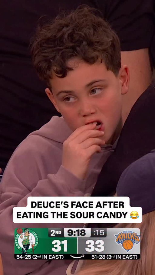 Deuce enjoys a sour candy during tonight’s game 🍬 His reaction was priceless! 😆 BOS/NYK on Prime • <link in bio>