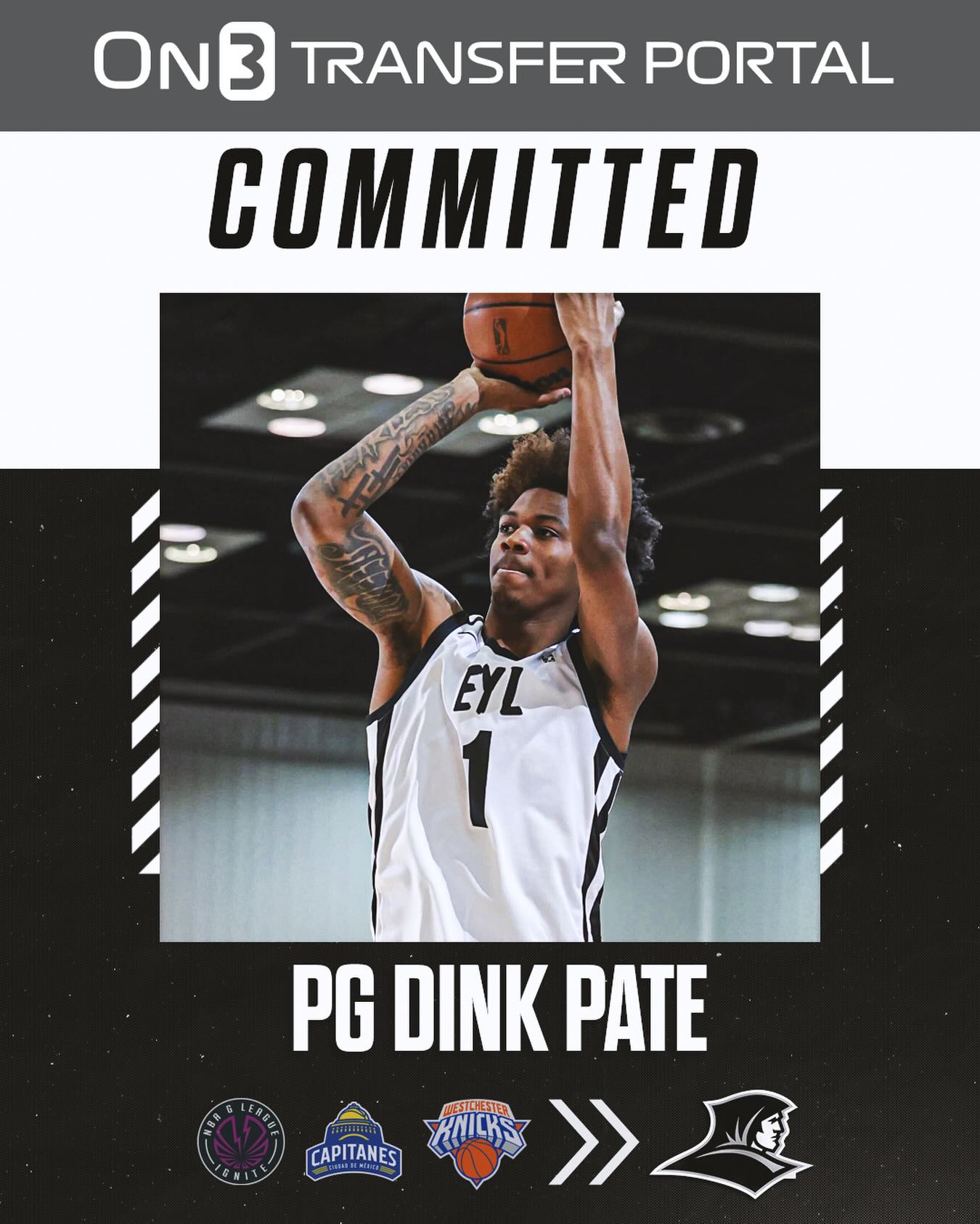 Knicks G-league guard Dink Pate has committed to Providence, @tiptonedits confirms.

Follow @Transferportal for all NCAA Transfer Portal news