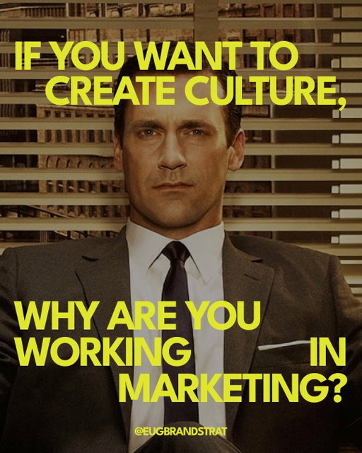 Brands do NOT create culture.

Culturally resonant brands identify cultural currents relevant to their strategy and then grant that culture a platform.

This effectively results in a transference of those cultural associations to the brand - taking the cultural capital generated by others and turning it into economic capital, and (if you're really good at it) making sure everyone gets paid fairly. 

To show up in culture, brands must become a patron of it. And if you're trying to "shape" culture as a brand marketer, you've already misunderstood the assignment. 

--

I'm Eugene Healey, a strategist and educator exploring the intersection of advertising, culture, and desire.

Follow @eugbrandstrat for more insights on how brands can effectively navigate modern digital spaces.