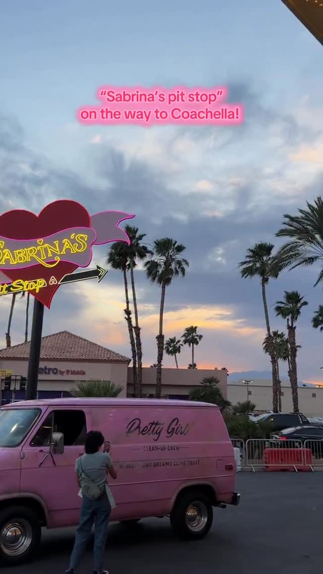 The cutest pit stop! 💞😍🚗 open Friday and Saturday 12-8 and Sunday 12-4! @sabrinacarpenter x @airbnb 

Sabrina’s Pit Stop is located at 82338 CA-111, Indio, California 92201