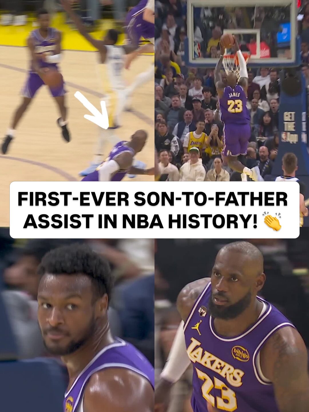 @bronny’s first assist to @kingjames and the first son-to-father assist in NBA History! 🙌 LAL/GSW on Prime • <link in bio>