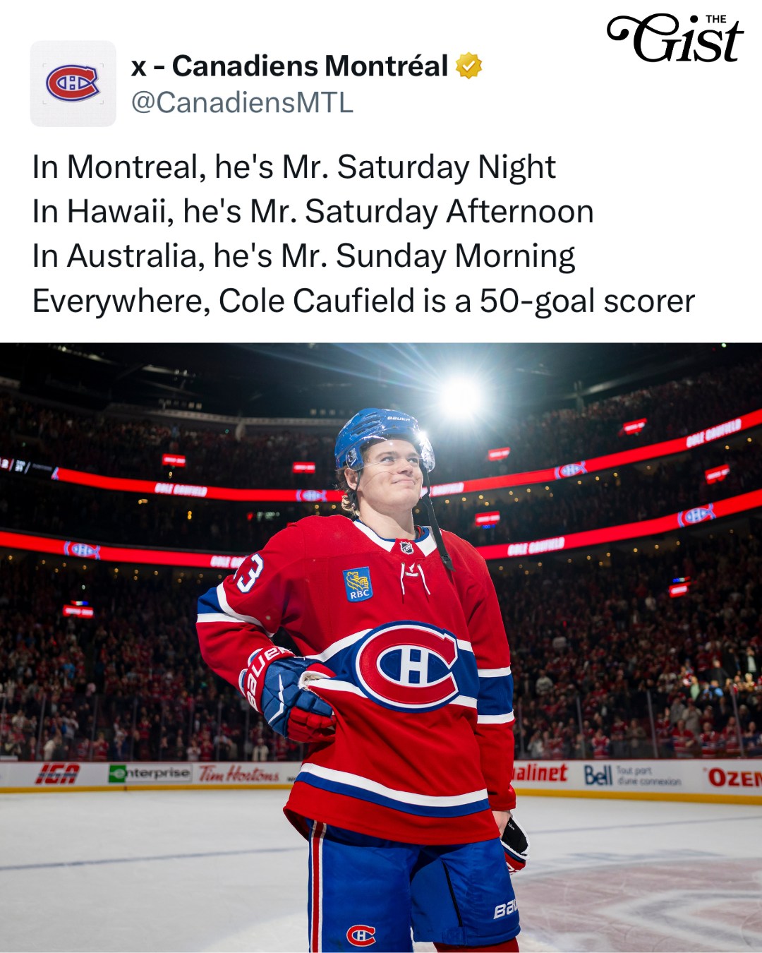 COLE CAUFIELD IS A 50 GOAL SCORER. 🤯⁣
⁣
Montreal Canadiens forward Cole Caufield became the Habs’ first 50-goal scorer in 36 years last night, burying the milestone marker in Montreal’s 2–1 win over the Tampa Bay Lightning. Magnifique. 🏒⁣
⁣
Caufield, 25, is two goals behind Colorado Avalanche forward Nathan MacKinnon in the race for the Maurice “Rocket” Richard Trophy, which is awarded to League's leader in goals. Difference is, Caufield has scored zero empty netters while MacKinnon has scored seven. 👀 ⁣
⁣
Keep up with the Stanley Cup Playoffs by subscribing to our free, 4x-weekly sports newsletter over at the link in bio. 💌⁣
⁣
#menssports #hockey #nhl #montrealcanadiens