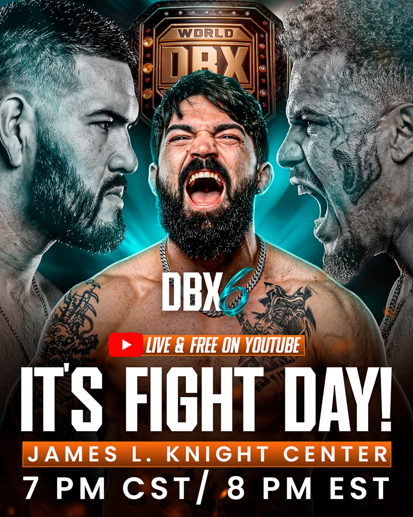 It’s fight day! DBX 6 is going down tonight at the James L Knight Center in Miami with the Interim Heavyweight Title on the line! Live and free on YouTube at 8 PM EST. You ready for the chaos? 🔥 #dbx6

Comment “YouTube” to be sent a link! 
📺 LIVE & FREE on YouTube
📅 April 10
📍 Miami, FL - James L. Knight Center
🎟️ Tickets available now.