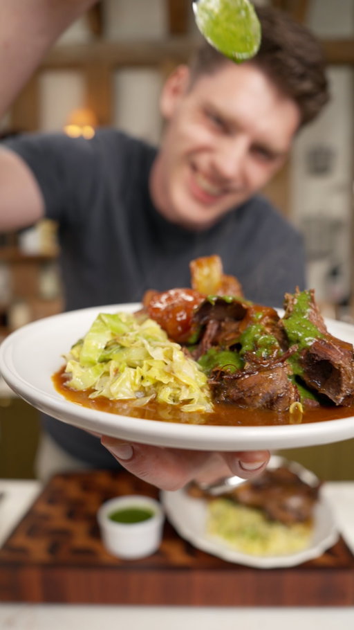 Slow-braised Venison Haunch with Creamy Cabbage, Crispy Potatoes & Spring Herb Sauce 🔥 (comment “SLOW” for the recipe)
