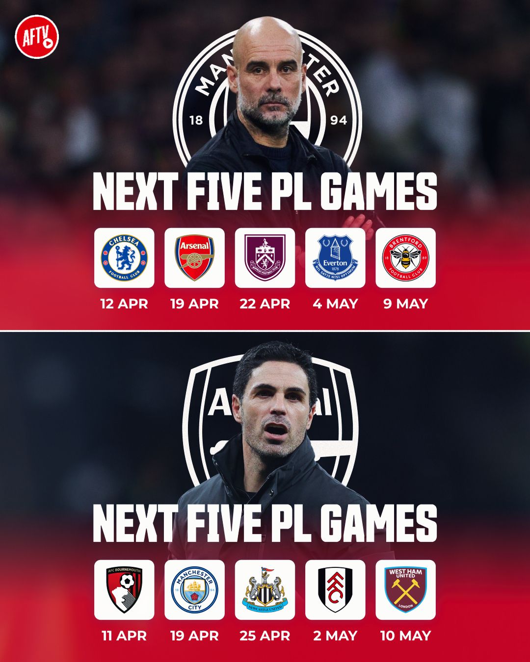 🔜 Here are the next 5 Premier League fixtures for Arsenal and Manchester City. 

5 wins from 5, can we do it?