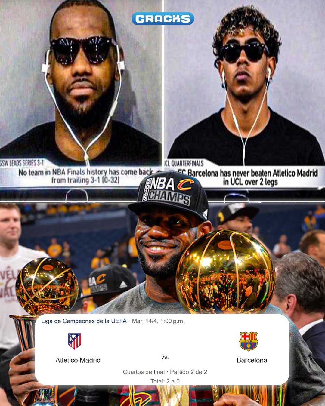 🔵🔴😎 CREEN MÁS QUE NUNCA EN LA REMONTADA

La afición del FC Barcelona ya empezó su propia campaña para darle la vuelta al Atlético de Madrid. 👀

📸 Jugadores del Barcelona aparecen con gafas al estilo LeBron James en la histórica remontada de Cleveland ante Golden State en las NBA Finals de 2016.