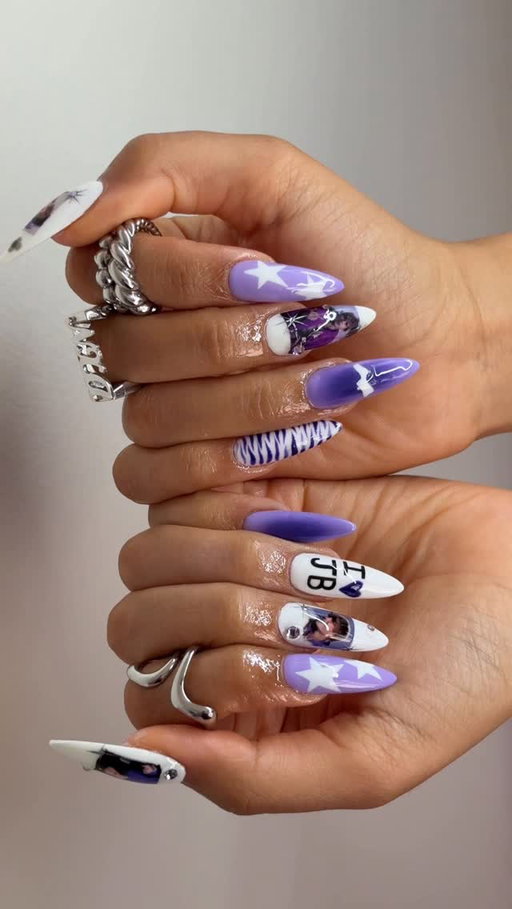 JB coachella nails of my dreams ✨🎡🌴🪩💜 from my ipad to my nails @nailsxanalysse DID THAT 💅🏽 ft the @skylrk logo & @rhode x the biebers spotwear 🌼 @lilbieber @haileybieber #coachella #nails #justinbieber #coachellainspo #bieberchella