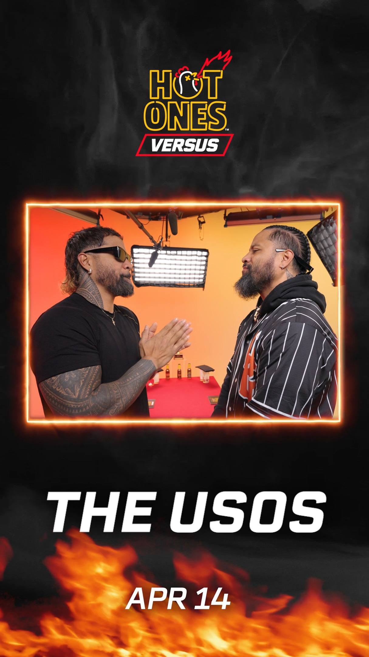 Get ready for a WrestleMania Rematch when @WWE Superstars @uceyjucey and @jonathanfatu go head to head on the next Hot Ones Versus 🥊🥊 Will Jey get the W over his Day One or can Big Jim pull some twin magic on his younger twin? Make your predictions below and catch the clash next Tuesday at 1 PM EST on First We Feast’s YouTube 🔥