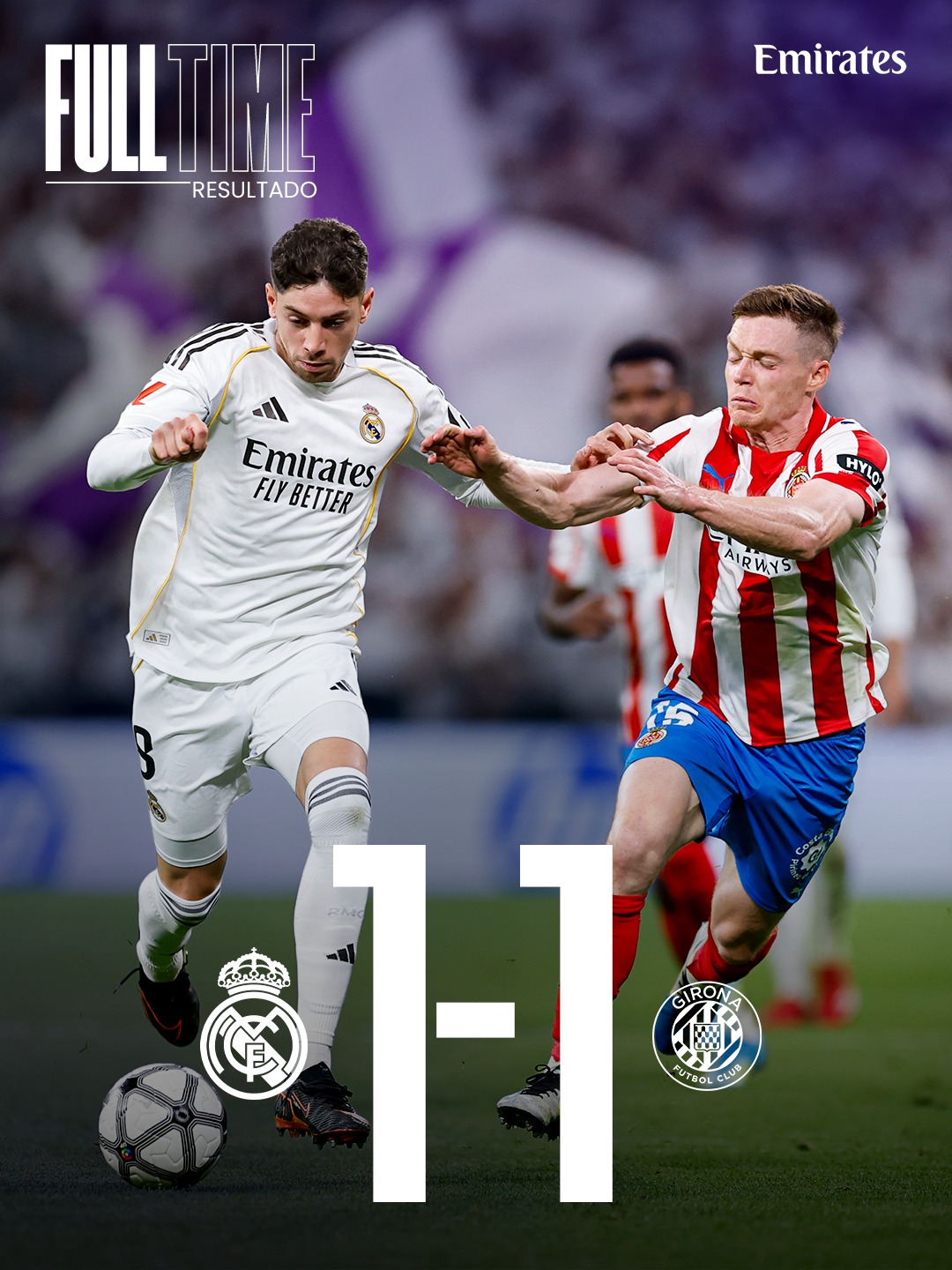 🏁 FT: Real Madrid 1-1 Girona
⚽ 51' @FedeValverde 
⚽ 62' Lemar 
#RealMadridGirona | @Emirates