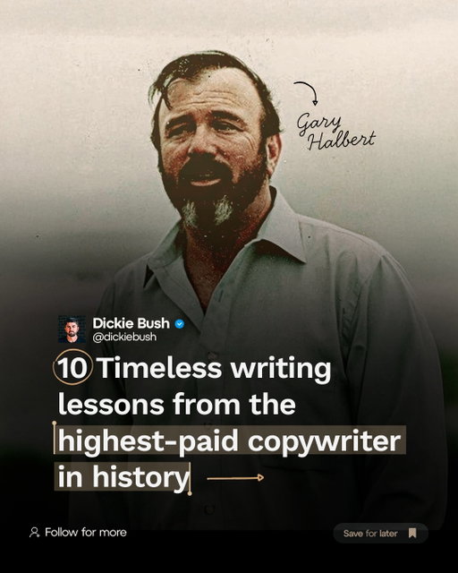The highest-paid copywriter in history: Gary Halbert. 

His legendary sales letters generated over $1,000,000,000 in revenue.

And in one of his very last letters, he shared 10 time-tested strategies for writing better copy, faster.

Here’s a breakdown of each one:

1. Set up a proper writing space

2. Set up a writing routine

3. Write. A LOT.

4. Write for set time periods.

5. Write something easy, first.

6. Allow yourself to create junk.

7. Write your first draft fast and furious with no editing.

8. Create an idea capture system

9. Specialize in something

10. Reward yourself

And that’s it!

If you enjoyed this post, make sure to follow for more!