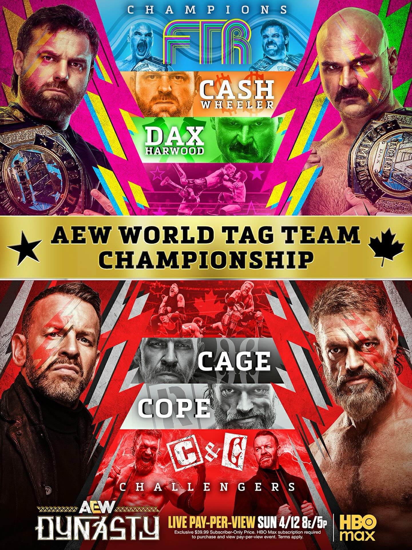 AEW World Tag Team Title
FTR vs @RatedRCope & @Christian4Peeps 2

@DaxHarwood & @CashWheelerFTR tried to take everything from Cope & Cage including attacking Adam’s wife Beth!

Two of the greatest tag teams of all time battle for the gold THIS SUNDAY!