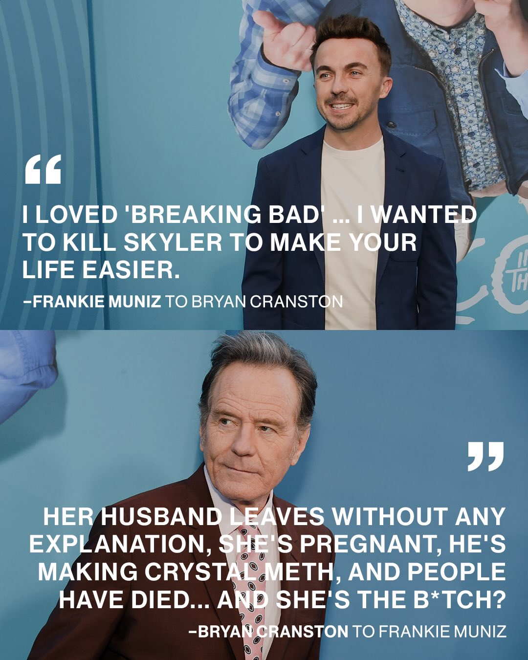 Bryan Cranston could not believe what he was hearing 😭

After Frankie Muniz admitted he wanted to “kill Skyler” while watching ‘BREAKING BAD’ to make Walt’s life easier, Bryan Cranston defended Skyler and said he couldn’t believe people genuinely think she was a “b*tch” even after putting the events she went through into perspective when compared to Walt. 

via Hot Ones Versus
📸 Getty Images, AMC