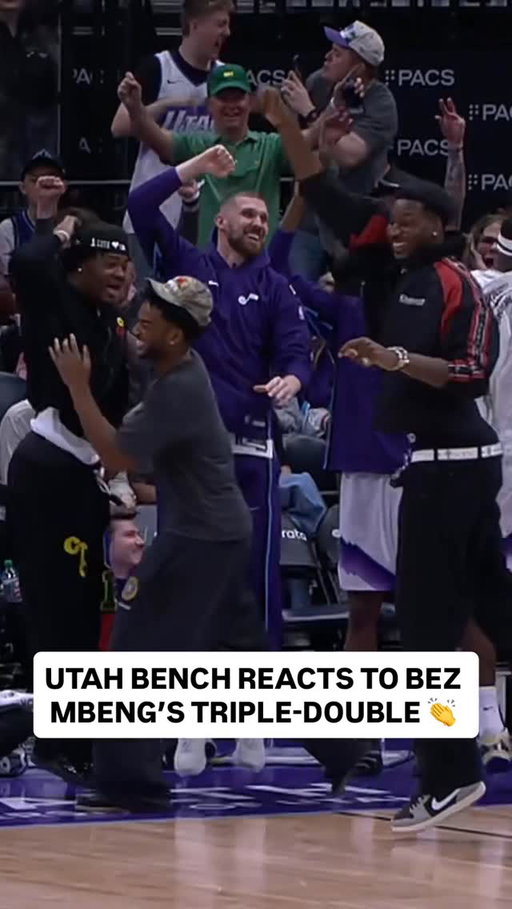 @bez.mbeng grabs the rebound to secure his first triple-double and the @utahjazz goes WILD! 🤩