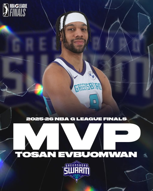 Tosan Evbuomwan is your 2026 NBA G League Finals MVP! The @hornets two-way averaged 18.5 PTS, 4.5 REB, 2.0 AST, 1.5 STL, 50% FG%, including 22 PTS during a Game 2 Finals-clinching win to lead the @greensboroswarm to their first title! 🏆