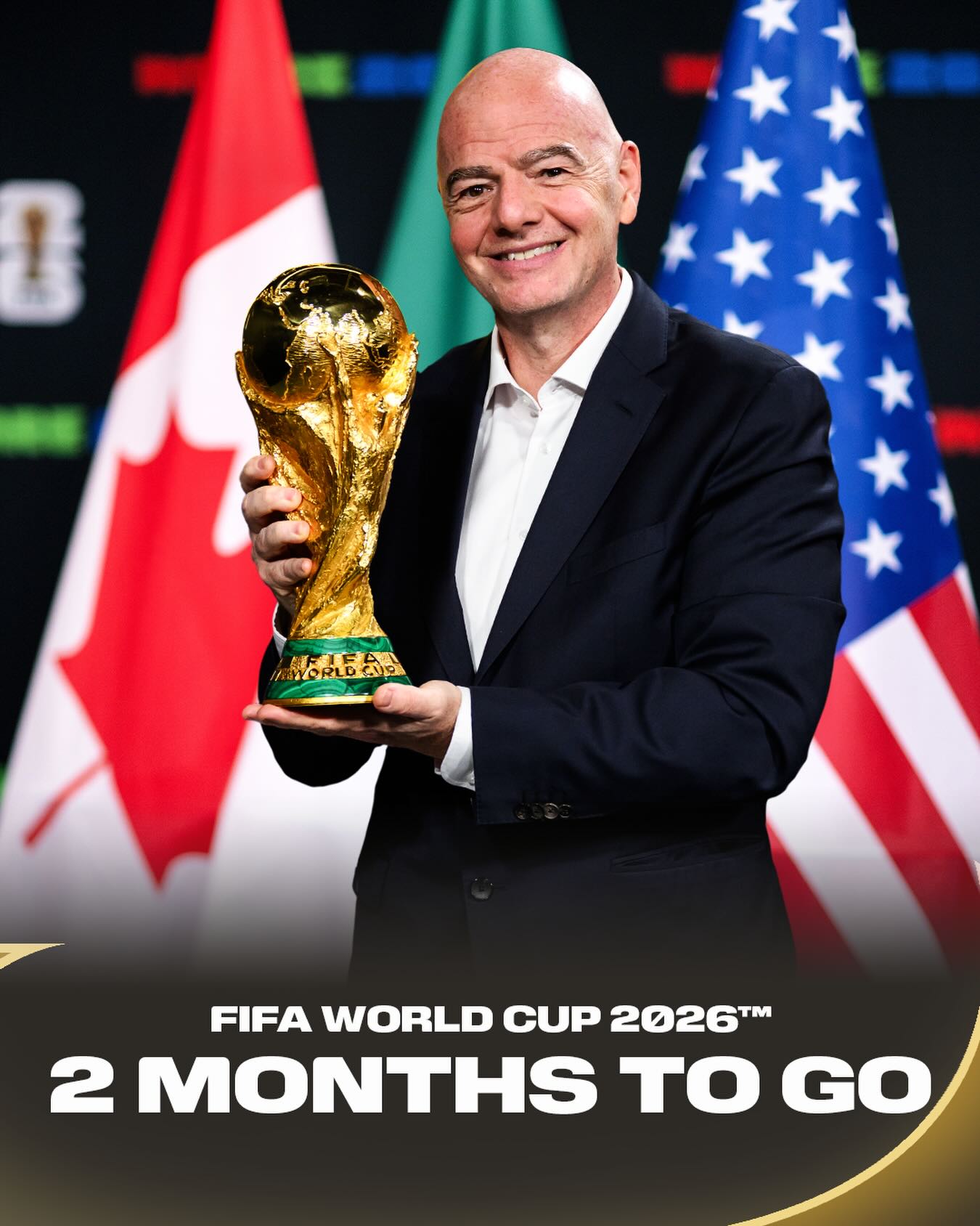 Two months to go until the greatest FIFA World Cup ever begins in 🇨🇦🇲🇽🇺🇸. ⚽🌍

With all 48 teams now confirmed, the stage is set for an historic tournament featuring 104 matches across 16 host cities, bringing together fans from every corner of the world to North America. The countdown continues! ⏳

#FootballUnitesTheWorld
