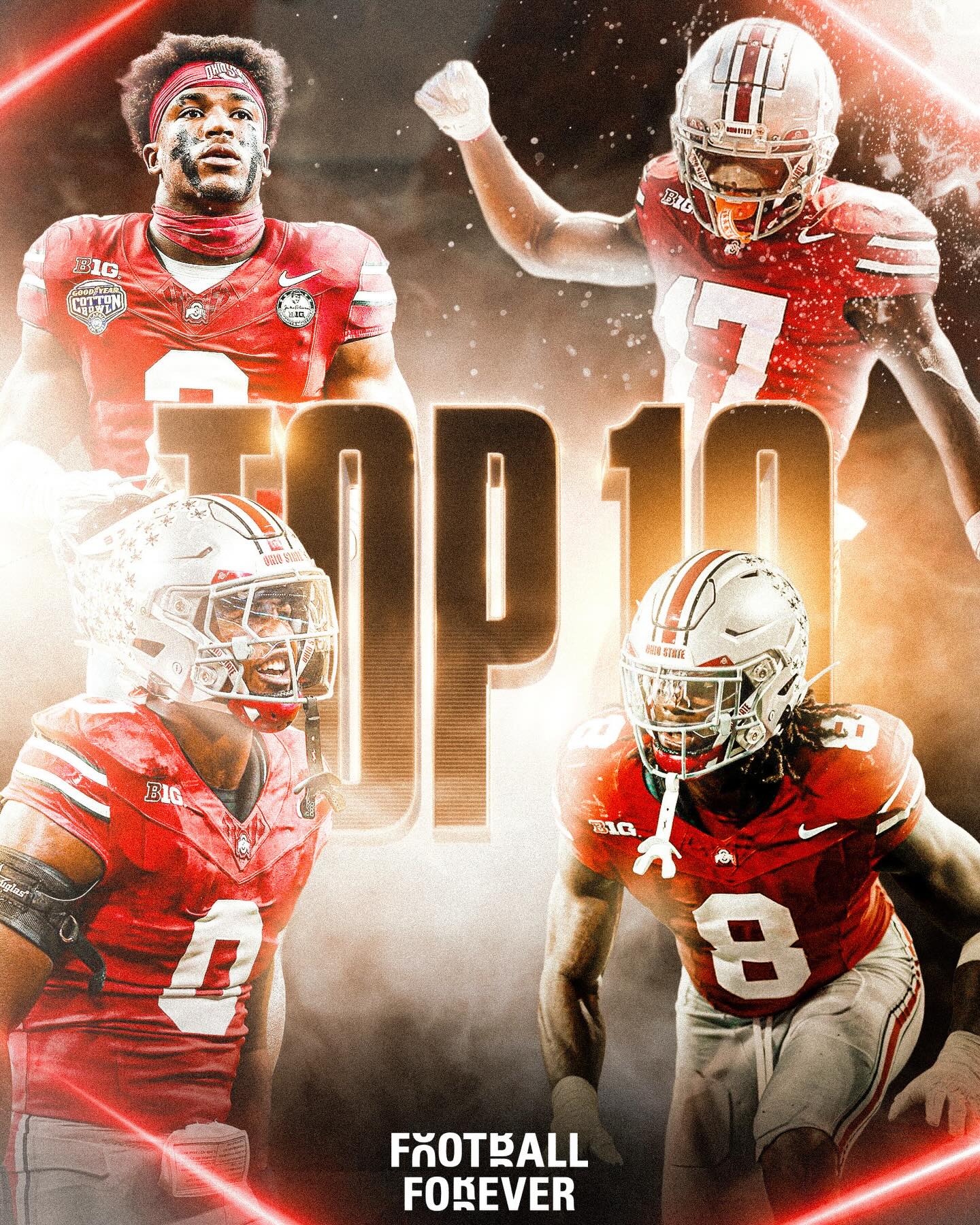 Ohio State can become the FIRST school in the NFL Draft modern era to produce FOUR Top-10 picks in the same year 🔥

◽️ OLB Arvell Reese
◽️ S Caleb Downs
◽️ LB Sonny Styles
◽️ WR Carnell Tate

All four players can go in the Top 10 📈