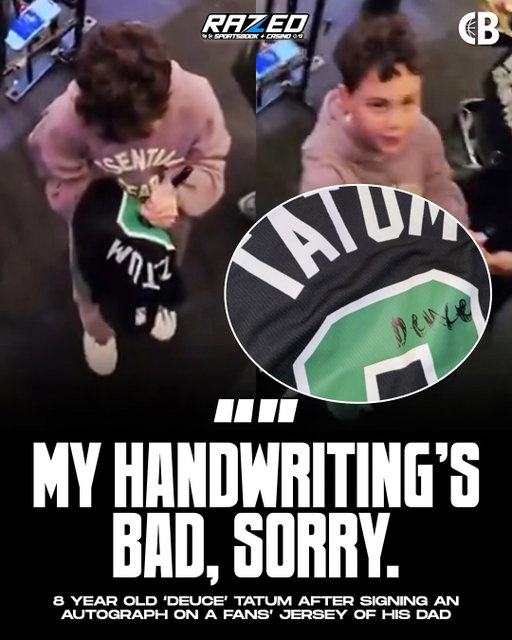 “MY HANDWRITING’S BAD, SORRY.” 

8 year old ‘Deuce’ Tatum after signing an autograph on a fans’ Boston Celtics jersey of his dad, Jayson Tatum 🗣️✍️

The moment was so special that Deuce’s grandma, Brandy Cole-Barnes, even videoed the whole thing 😂

Via. @rithaikarr/TT