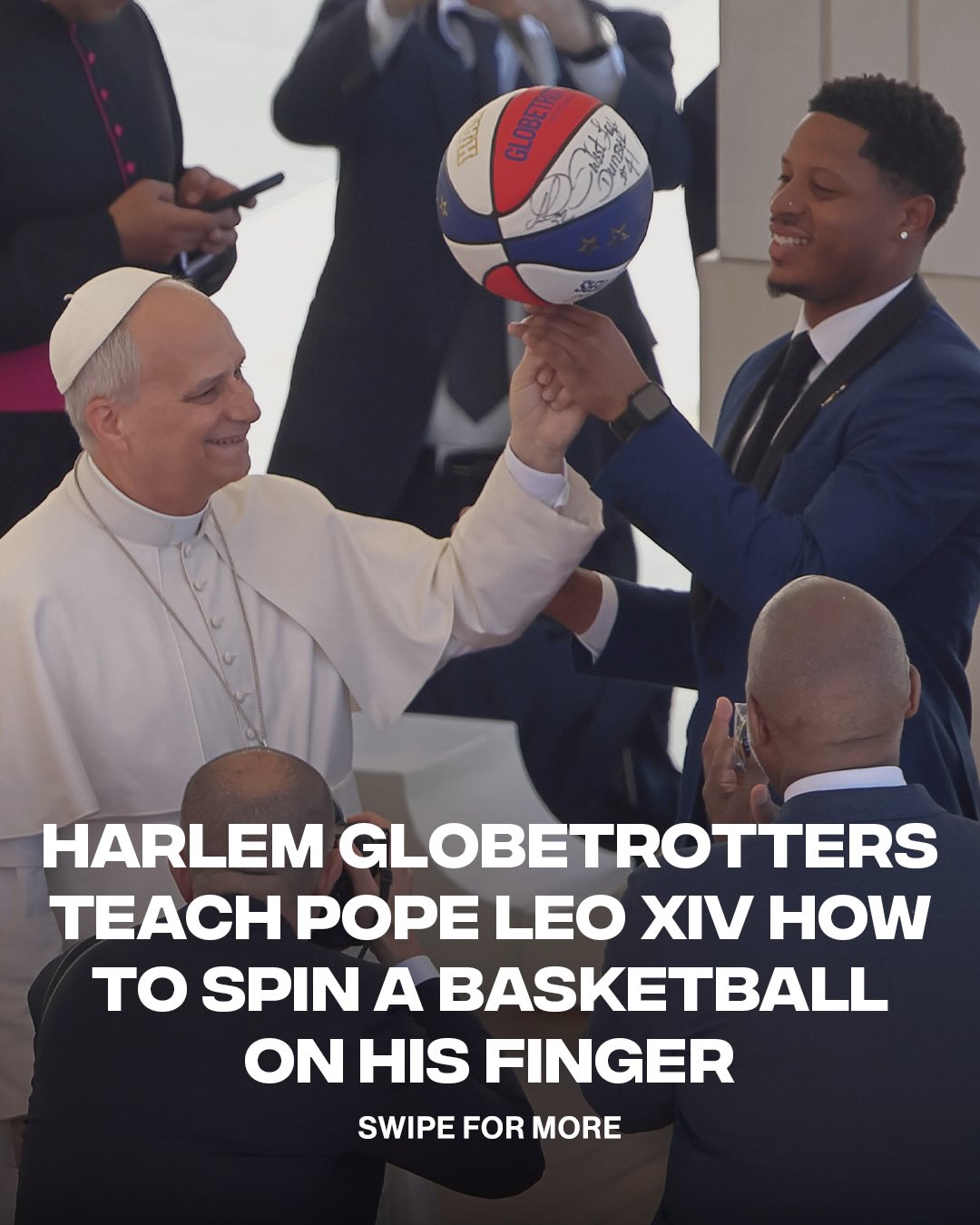 Pope Leo XIV learning how to spin a basketball was not on my 2026 bingo card 😂

The Harlem Globetrotters gave Pope Leo XIV a quick lesson on how to spin a basketball on his finger at St. Peter’s Square during their visit this week.
