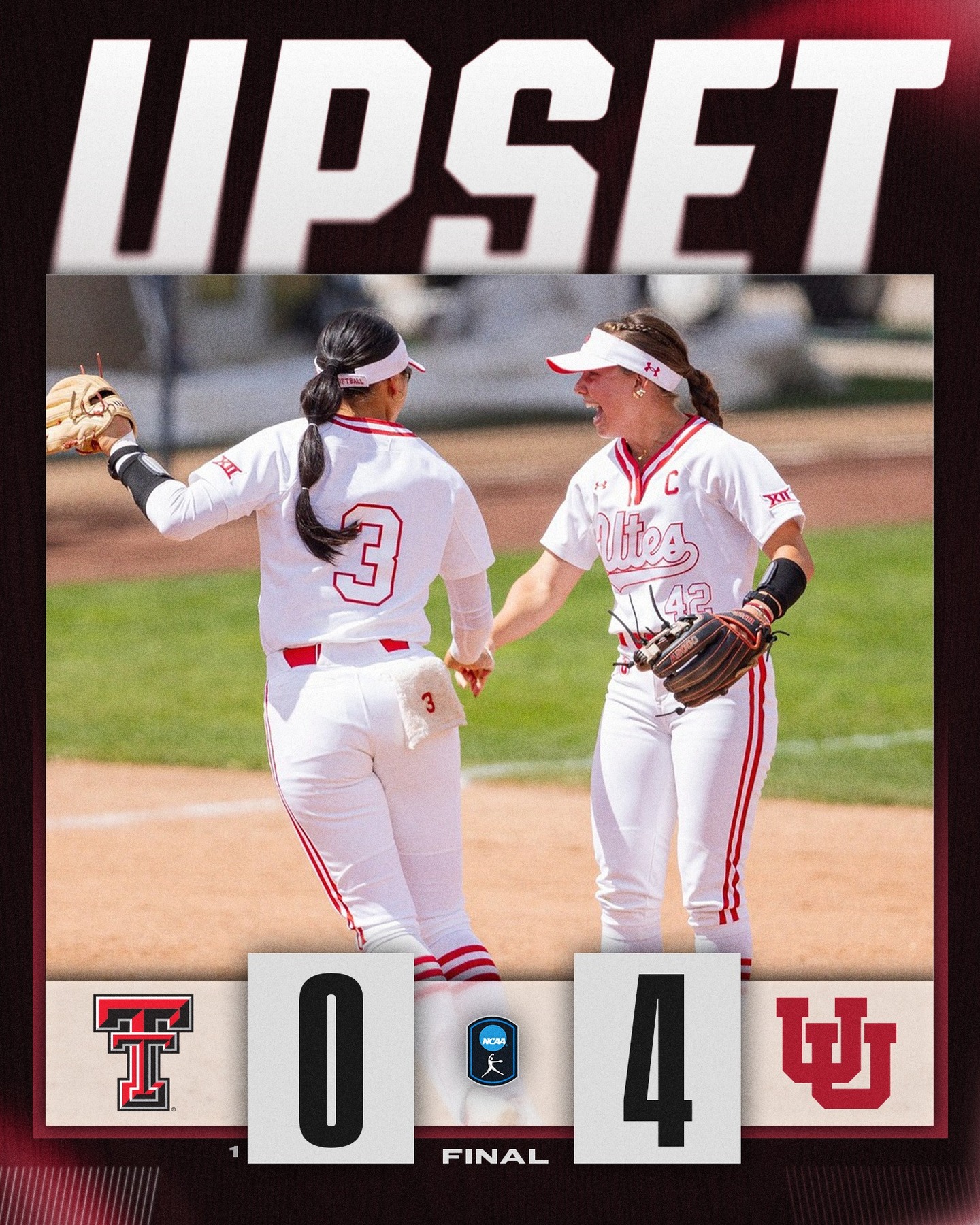 THE UTES TAKE DOWN NO. 1 😤

@utahsoftball defeats No. 1 Texas Tech, 4-0, in game two for the upset win!

#NCAASoftball