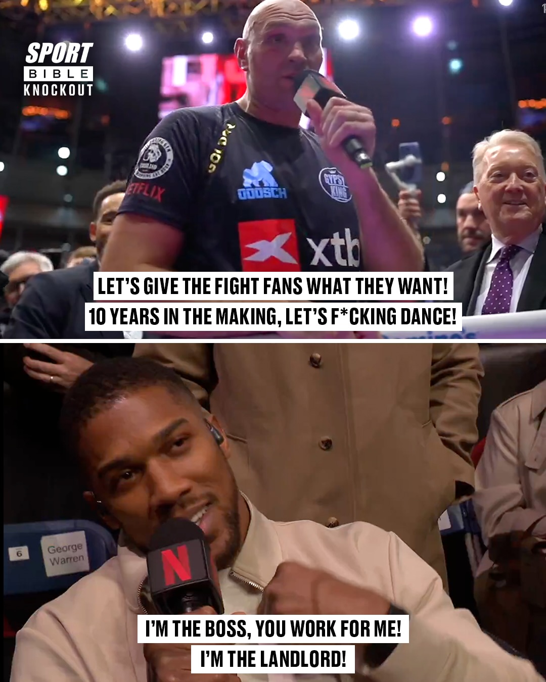 Tyson Fury and Anthony Joshua exchanged words as talks of a long-awaited fight between the duo appear to be taking place 👀🥊

Who would win if the duo do face each other in the ring? 🤔

🎥 @netflixsports